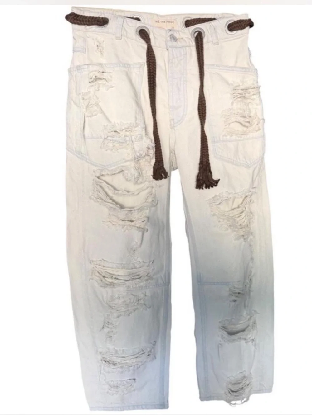 Free People Moxie Barrel Jeans Sea Mist NWOT Distressed Pull On Low Slung 27 - Picture 2 of 4
